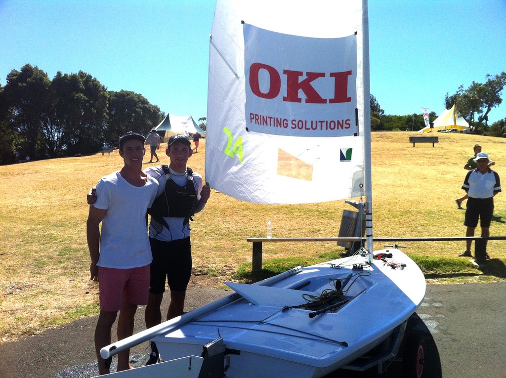 Andrew McKenzie (L) and Matt Kempkers (R) youth winners - OKI 24hrs Race 2013, Lake Pupuke  © Murrays Bay Sailing Club http://www.murraysbay.org/